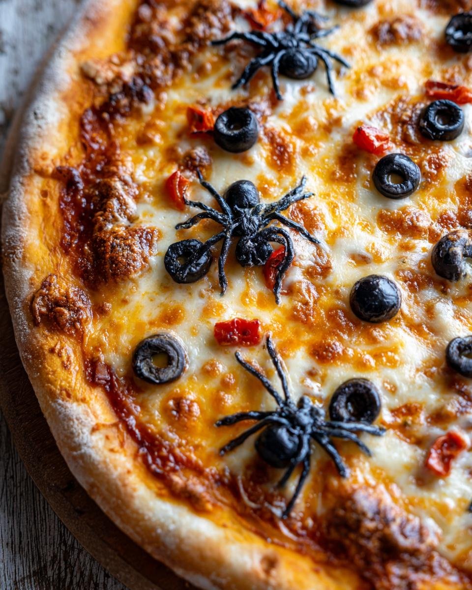 Overhead view of a Halloween Pizza Ideas with black olives, red peppers, and spider decorations.