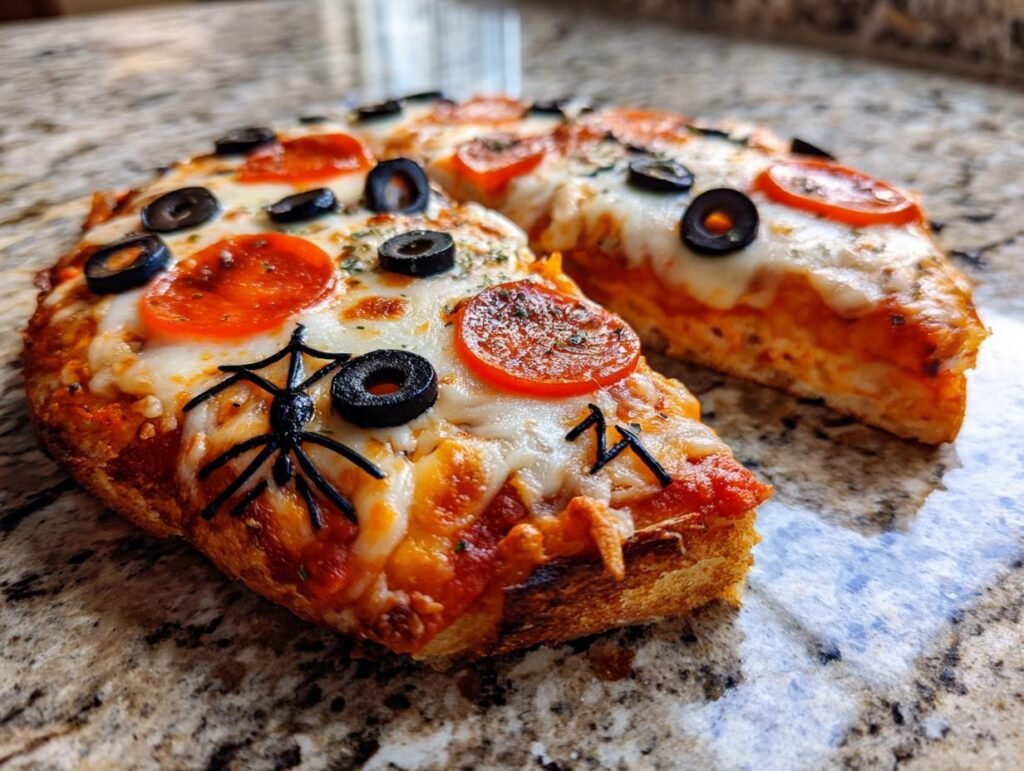 A Halloween Pizza Ideas featuring a pizza decorated with pepperoni, olives, and a spider decoration.