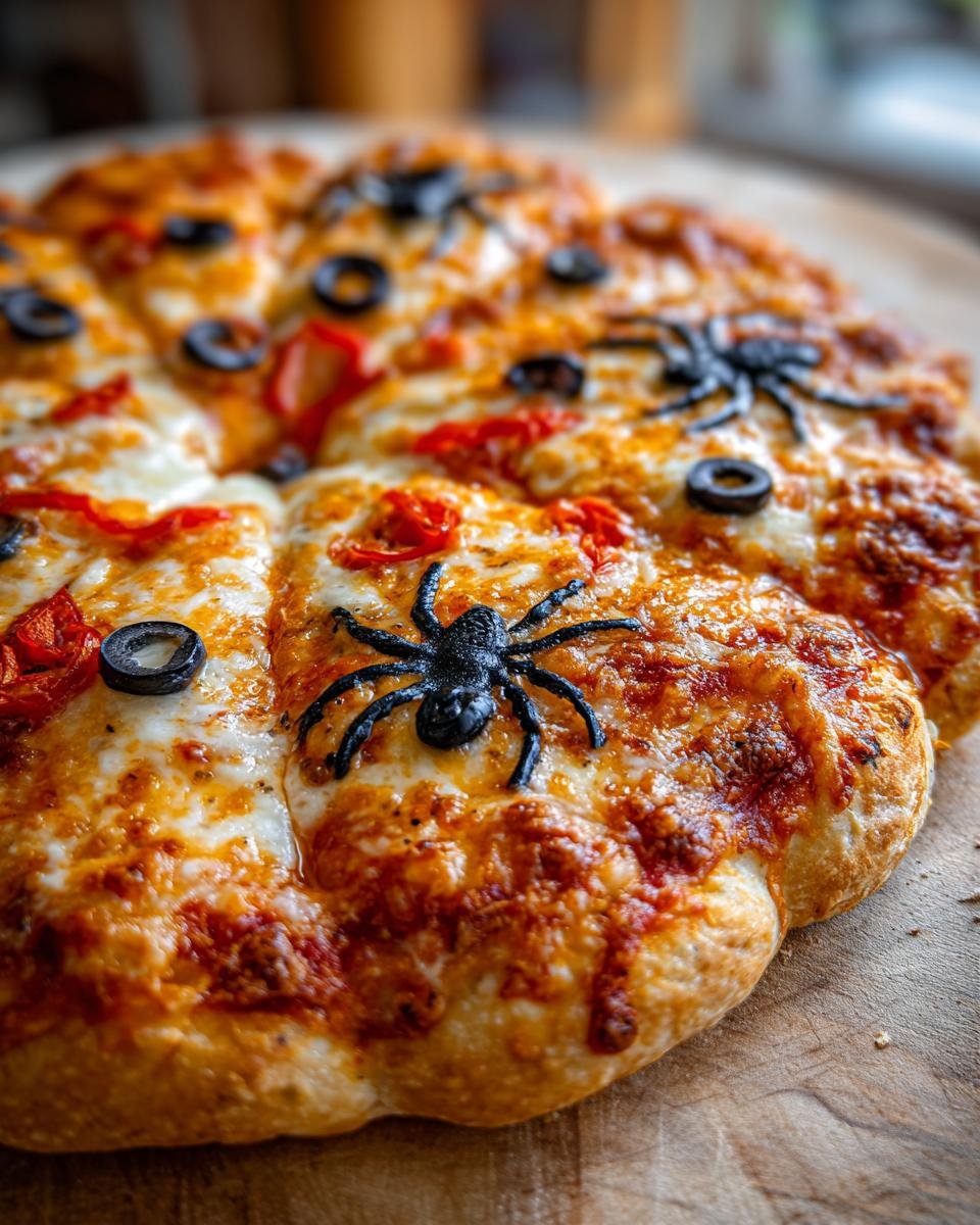 A Halloween Pizza Ideas creation: a pizza topped with mozzarella, black olives, red peppers, and plastic spiders.