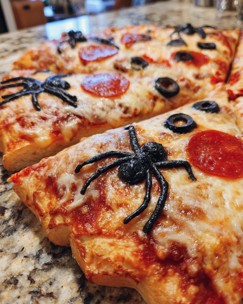 Close-up of Halloween Pizza Ideas featuring pepperoni, olives, and a plastic spider on a slice.