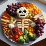 Overhead view of a Halloween Skeleton Snack Board featuring a cauliflower skull, grapes, cheese, and veggies.