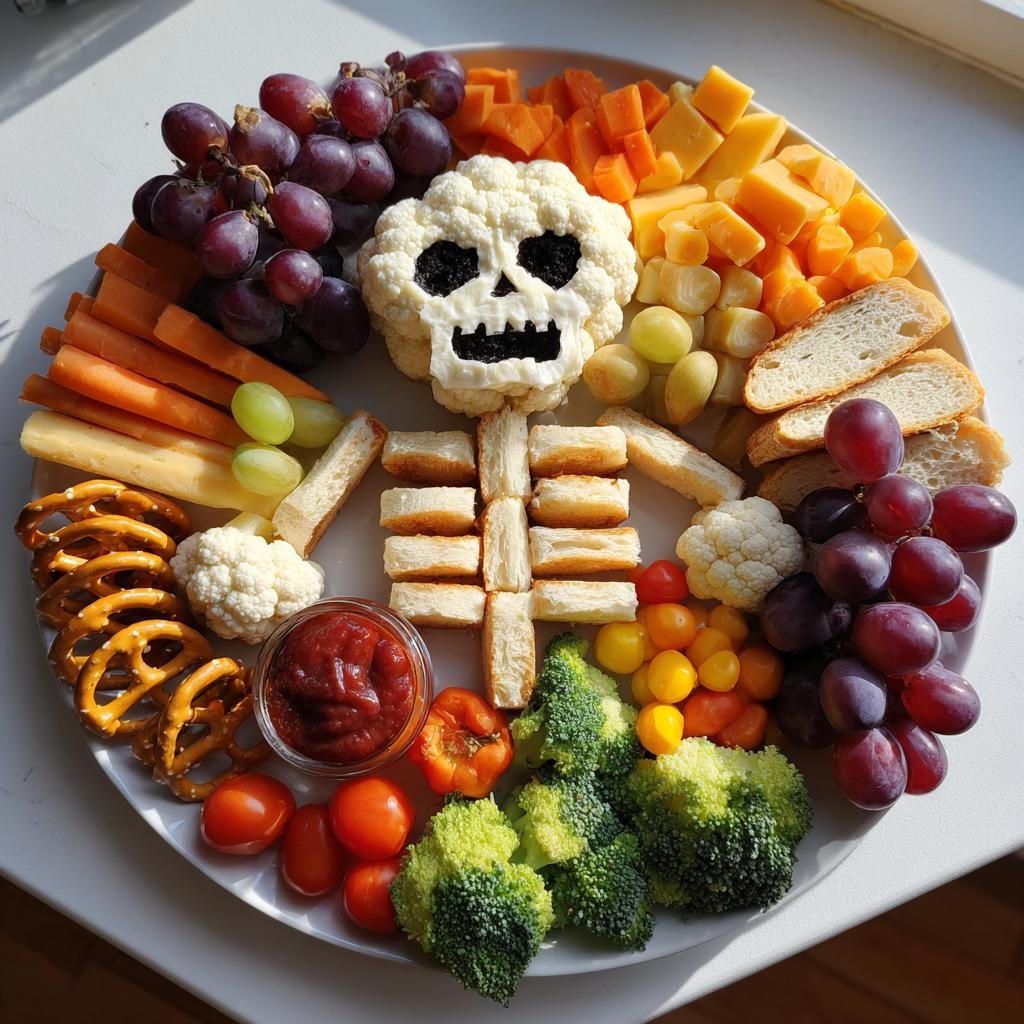 Overhead view of a Halloween Skeleton Snack Board featuring a cauliflower skull, grapes, cheese, and veggies.