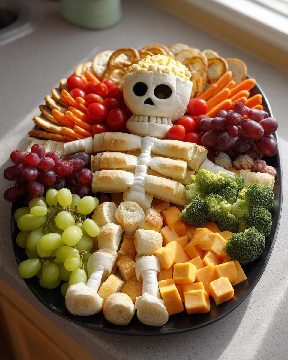 Overhead view of a Halloween Skeleton Snack Board with crackers, veggies, cheese, and a skull-shaped dip container.