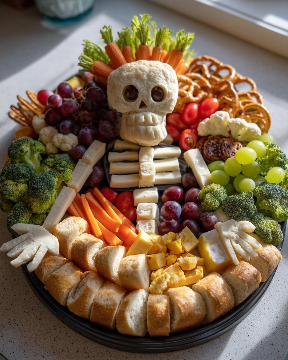 Festive Halloween Skeleton Snack Board with bread, cheese, vegetables, and pretzels arranged in a skeleton shape.