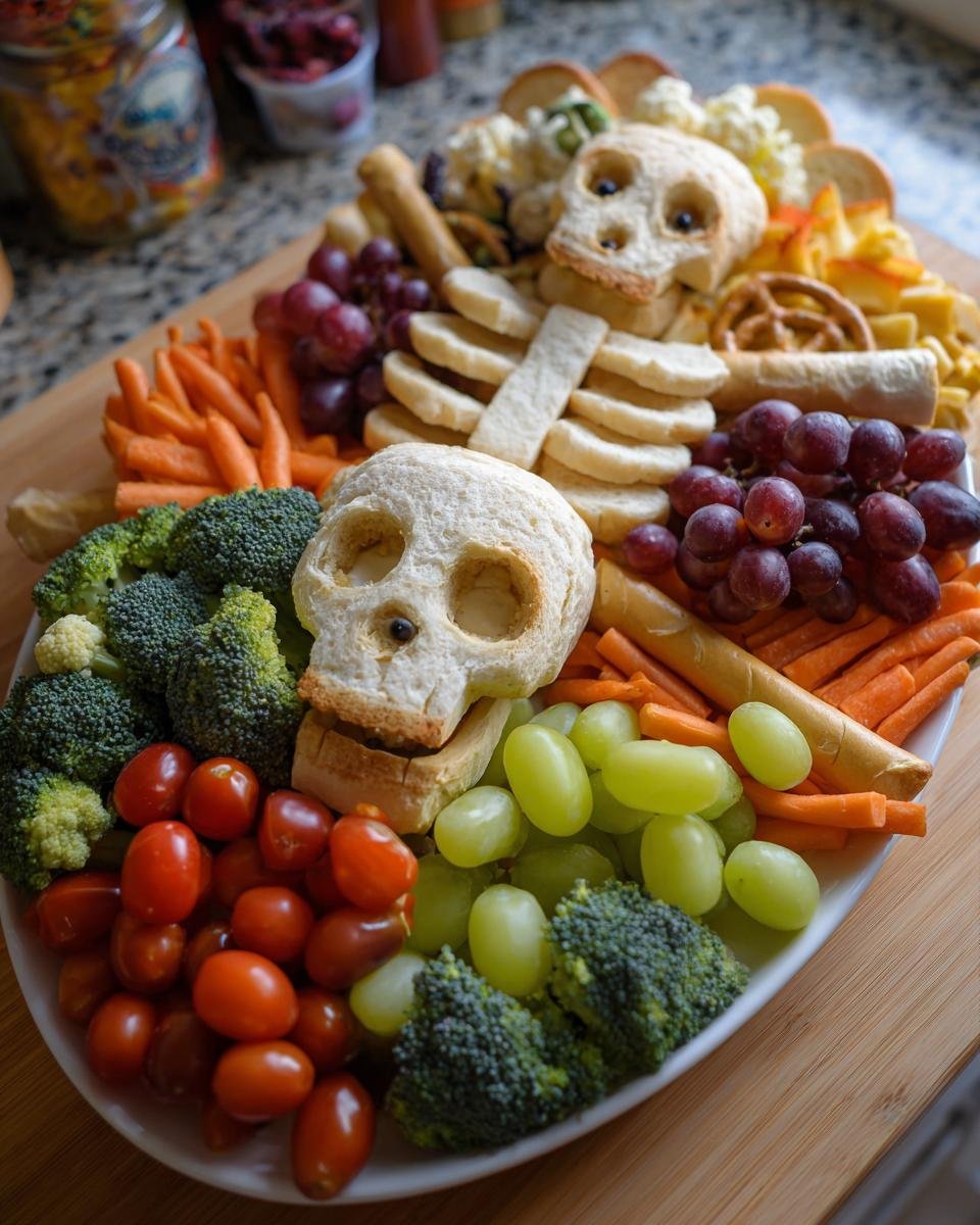 Overhead view of a Halloween Skeleton Snack Board featuring bread skulls, grapes, veggies, and crackers.