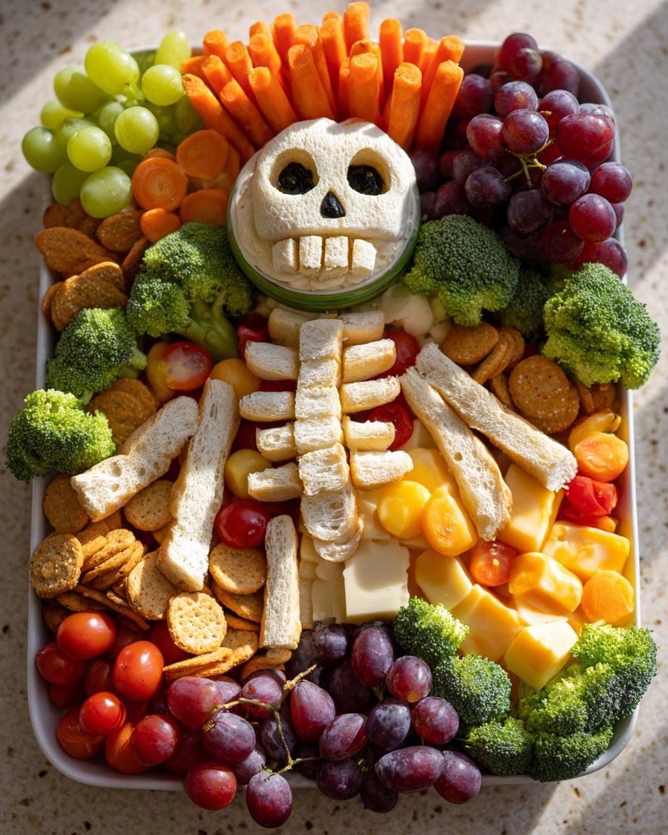 Overhead shot of a Halloween Skeleton Snack Board with grapes, carrots, broccoli, crackers, cheese, and a bread skeleton.