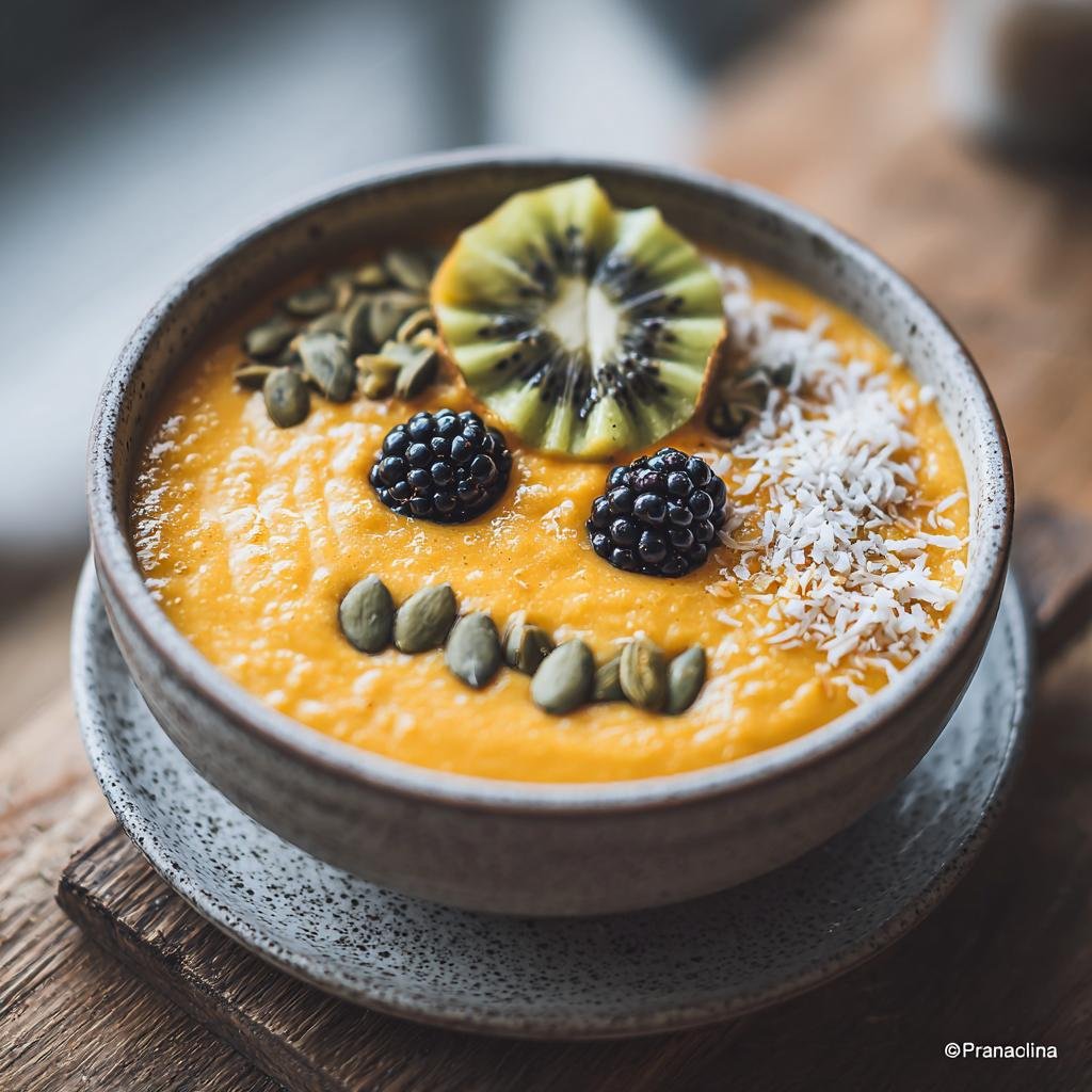 A Halloween Smoothie Bowl decorated with kiwi, blackberries, seeds, and coconut to resemble a spooky face.