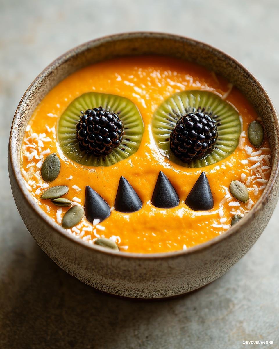 Close-up of a Halloween Smoothie Bowl decorated as a jack-o'-lantern face with kiwi, blackberries, and chocolate.