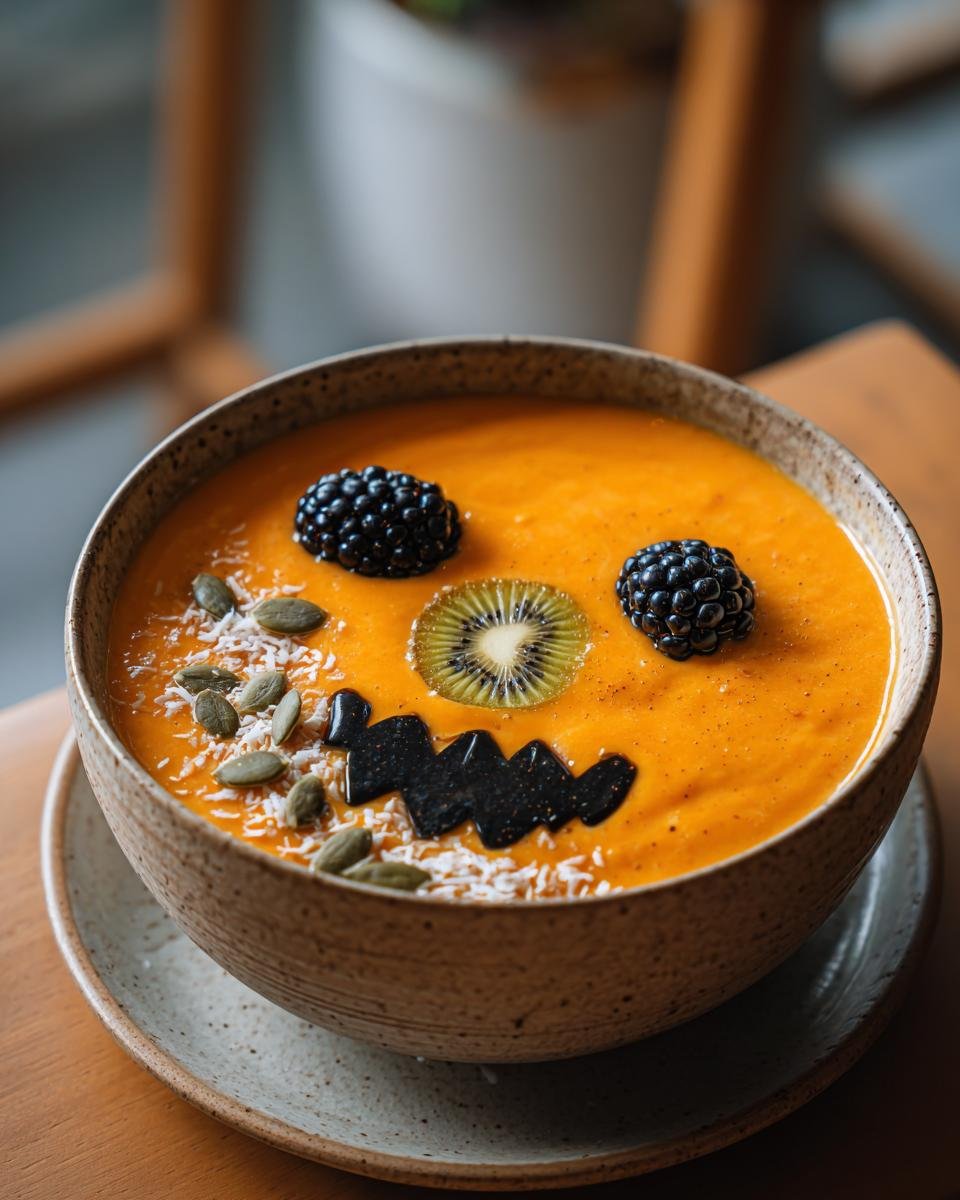 A Halloween Smoothie Bowl decorated with fruit to resemble a jack-o'-lantern face.