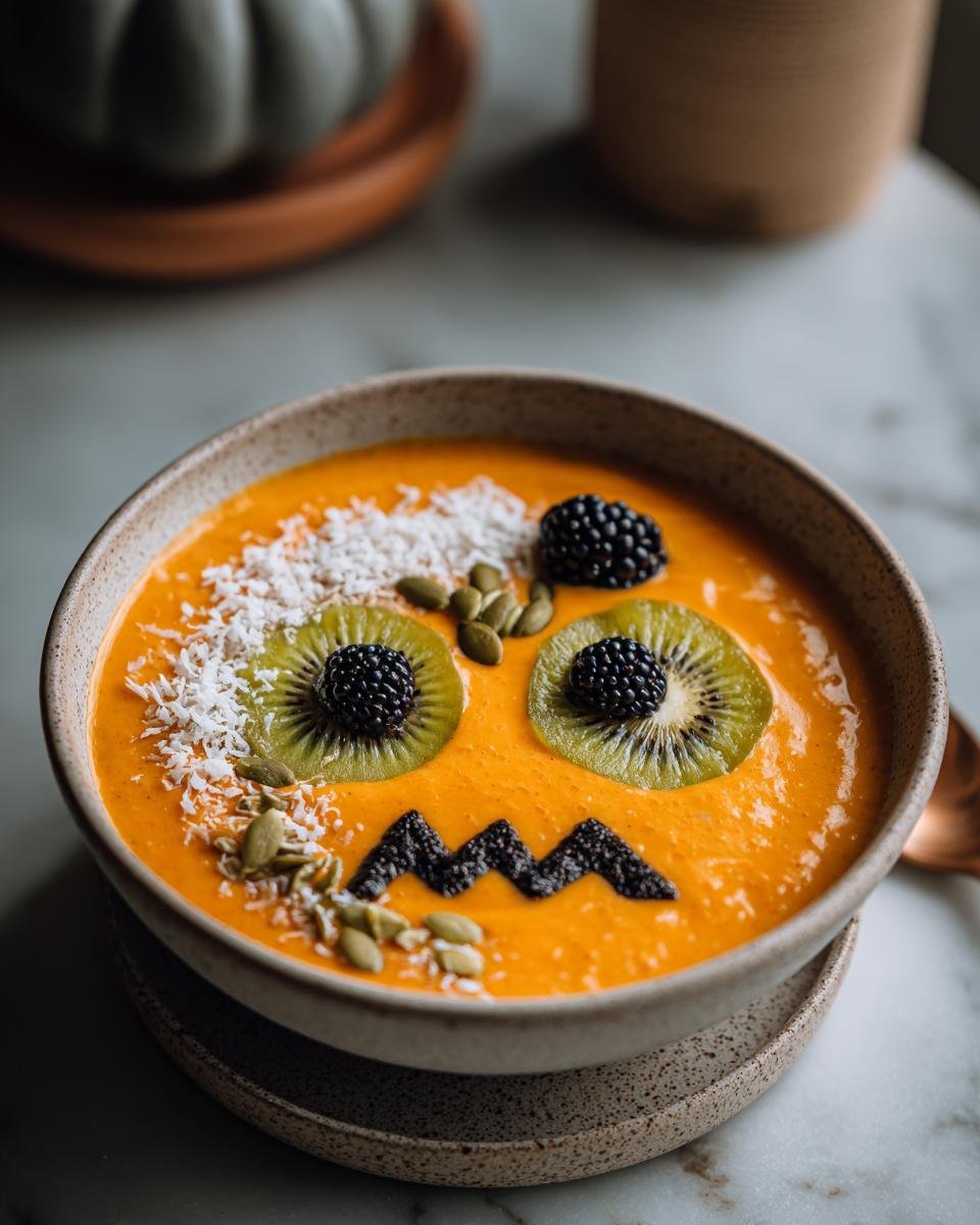 A festive Halloween Smoothie Bowl decorated to look like a jack-o'-lantern with kiwi, blackberries, and coconut.