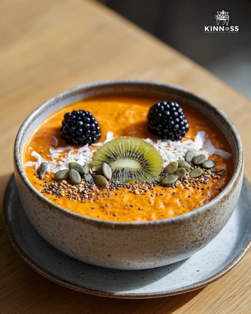 A vibrant orange Halloween Smoothie Bowl decorated with kiwi, blackberries, seeds, and coconut flakes.