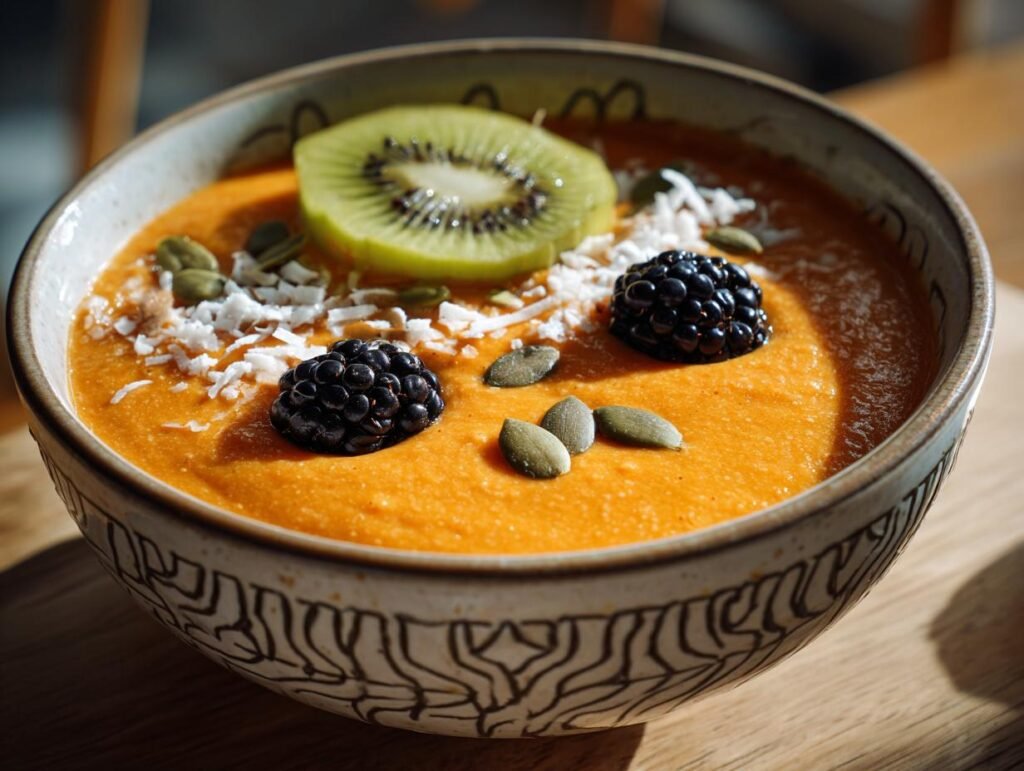 A vibrant orange Halloween Smoothie Bowl topped with kiwi, blackberries, coconut flakes, and pumpkin seeds.