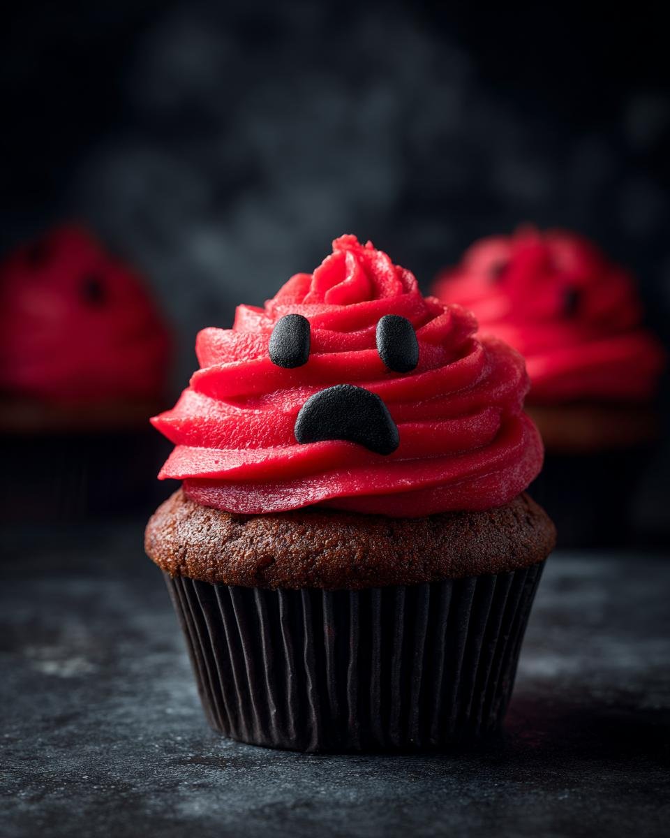 A Halloween Vampire Bite Cupcake with red frosting and black candy, resembling a sad vampire face.