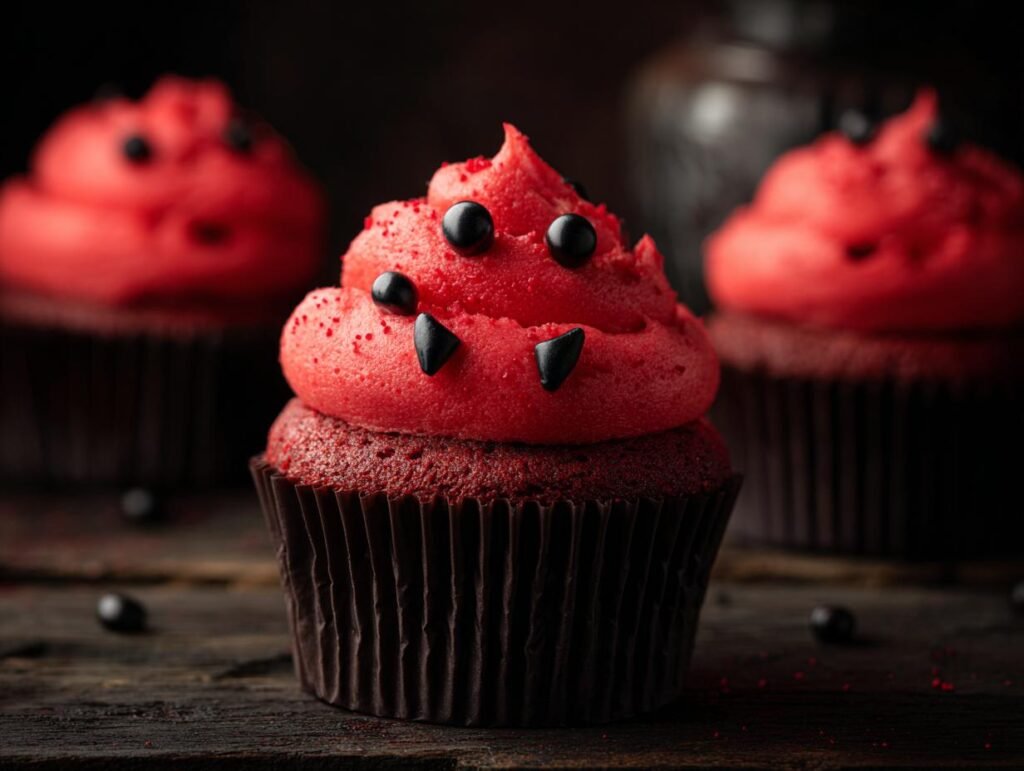 Three Halloween Vampire Bite Cupcakes with red frosting, black sprinkles, and fangs on a dark wooden surface.