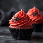Two Halloween Vampire Bite Cupcakes with red frosting and black spider decorations.