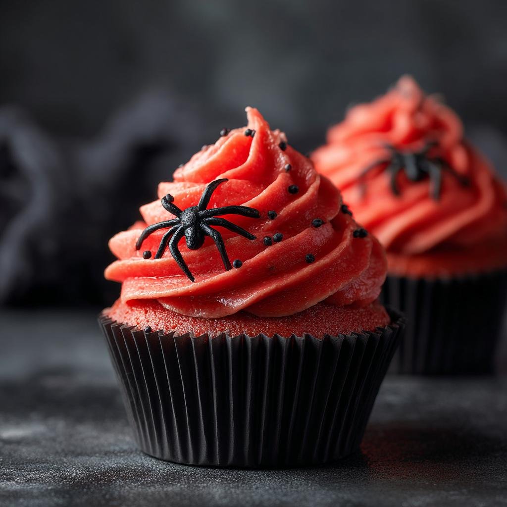 Two Halloween Vampire Bite Cupcakes with red frosting and black spider decorations.