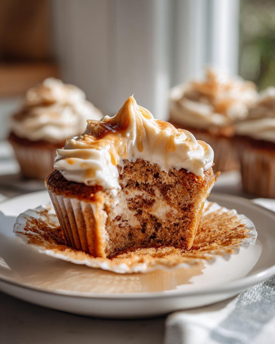 A Harry Potter Butterbeer Cupcake with a bite taken out, revealing the cream filling and butterbeer drizzle.