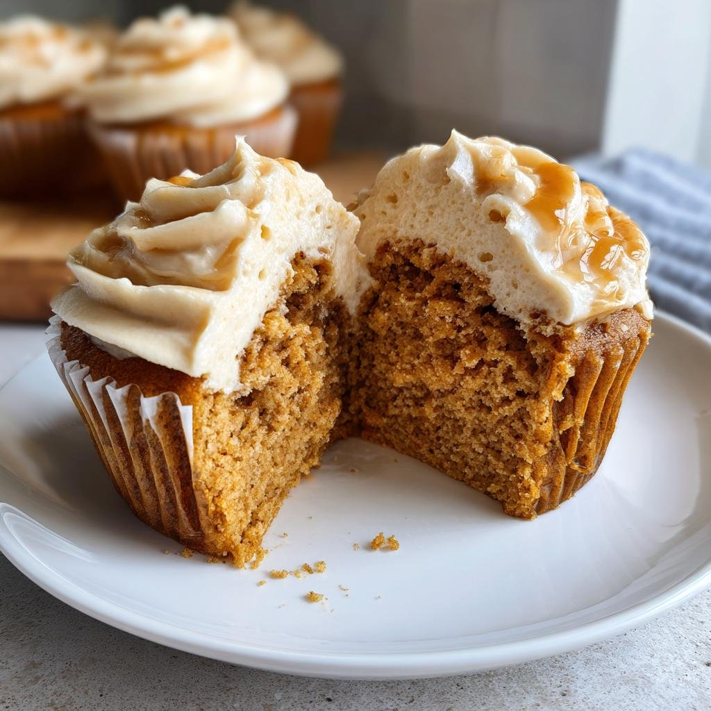 A Harry Potter Butterbeer Cupcake cut in half, showing the moist crumb and butterbeer frosting.