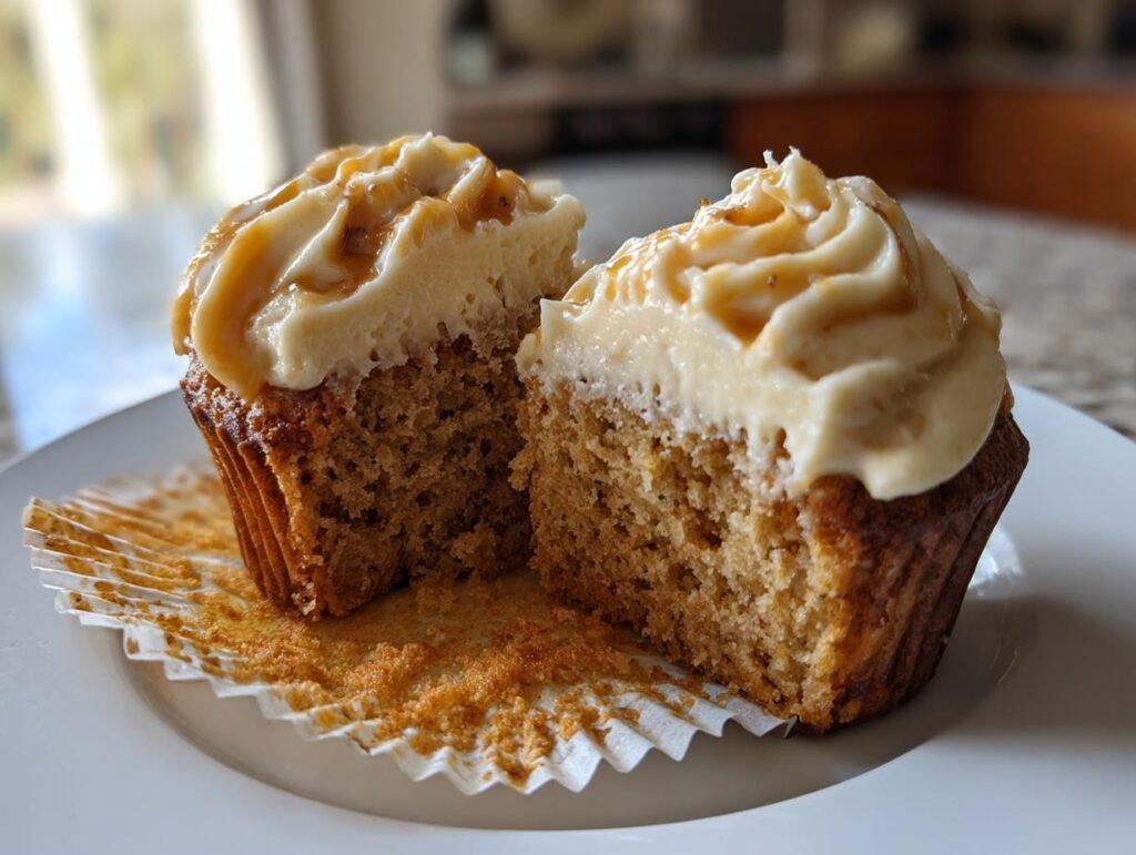 A Harry Potter Butterbeer Cupcake cut in half, showing the crumb and frosting with butterscotch drizzle.