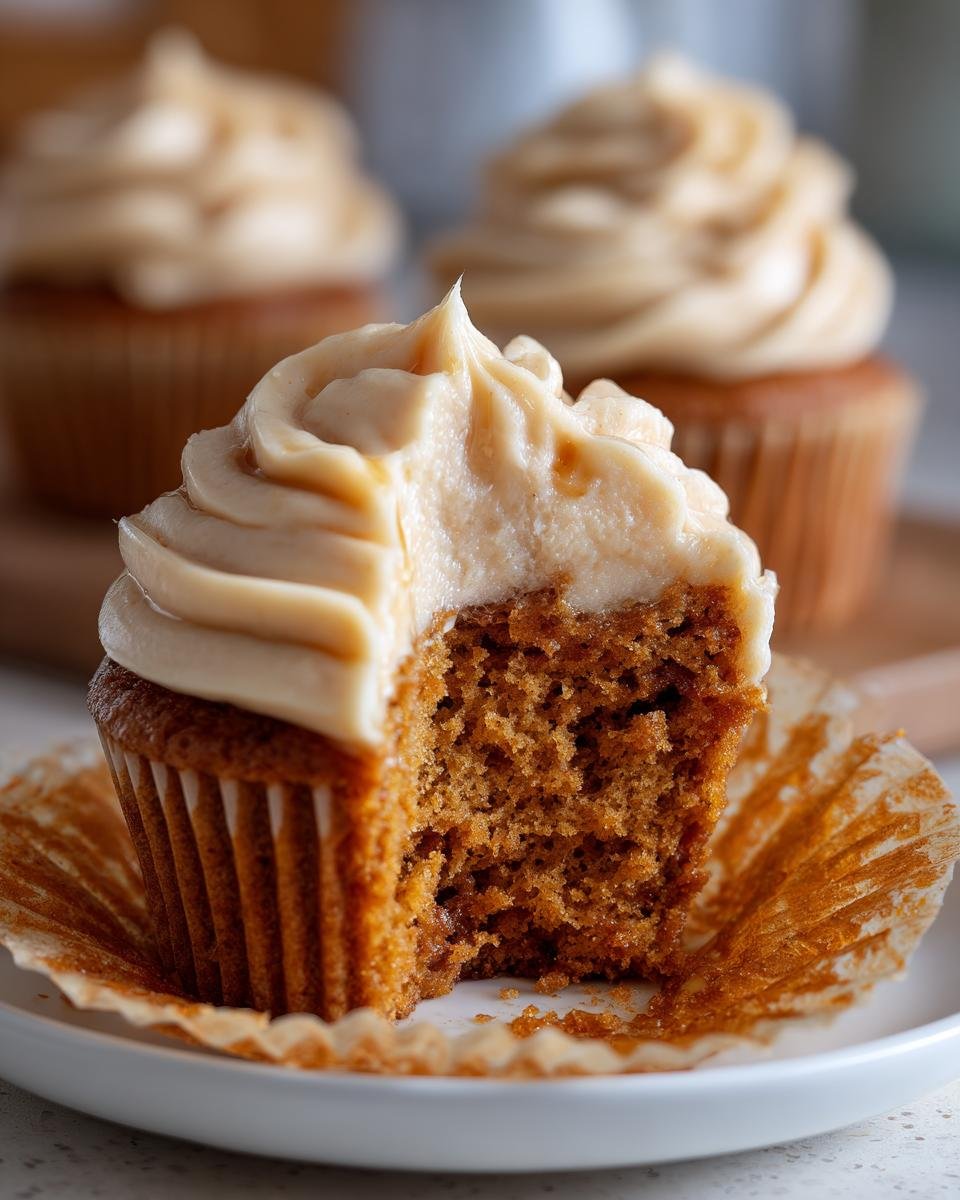 A Harry Potter Butterbeer Cupcake with a bite taken out, revealing the moist crumb and creamy frosting.