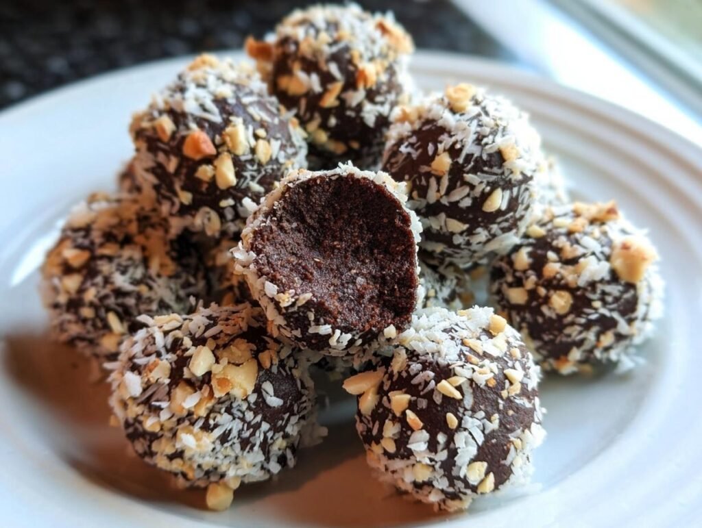 A pile of Healthy Chocolate Chickpea Truffles coated in coconut flakes and chopped nuts, one truffle cut in half.