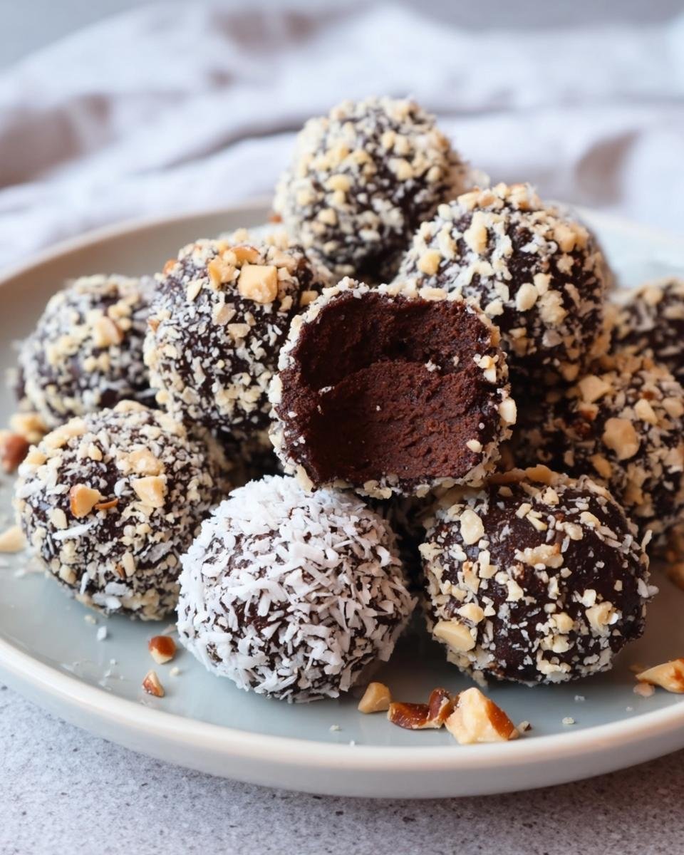 A plate of Healthy Chocolate Chickpea Truffles, some coated in nuts and coconut.