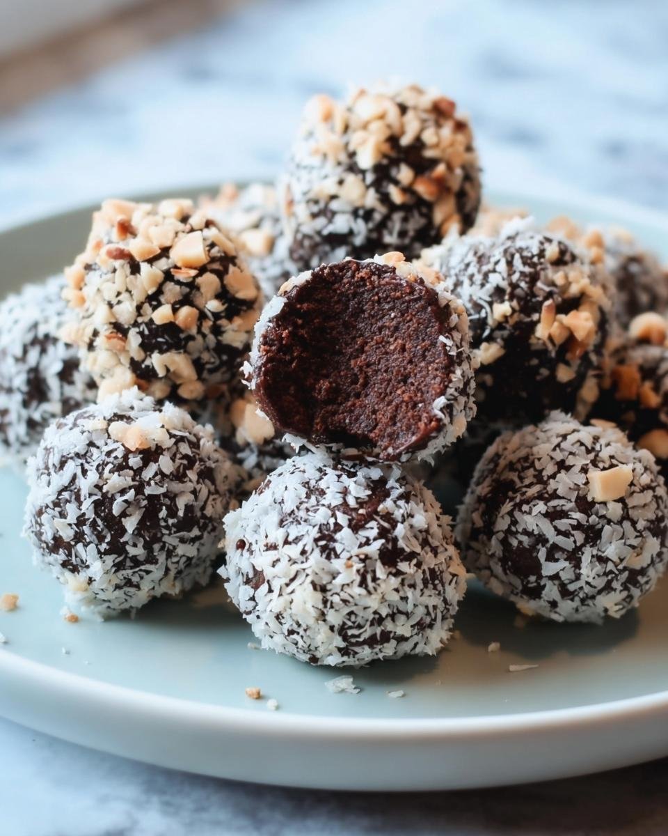 A plate of Healthy Chocolate Chickpea Truffles, some covered in coconut flakes and others in chopped nuts.