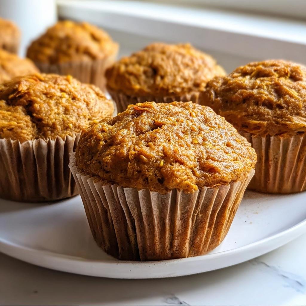 Several Healthy Greek Yogurt Pumpkin Muffins arranged on a white plate, showcasing their golden-brown color and texture.