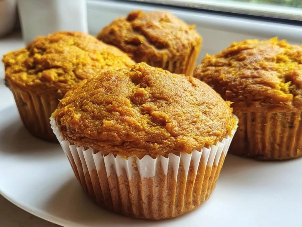 Four Healthy Greek Yogurt Pumpkin Muffins on a white plate, showcasing their golden-brown color and paper liners.