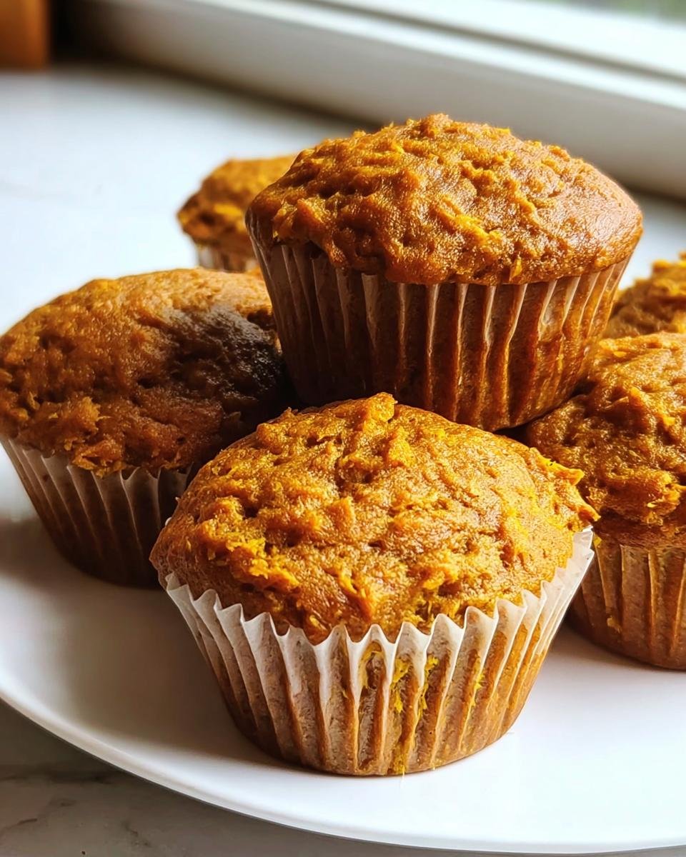 A stack of freshly baked Healthy Greek Yogurt Pumpkin Muffins on a white plate, showcasing their golden-brown color.