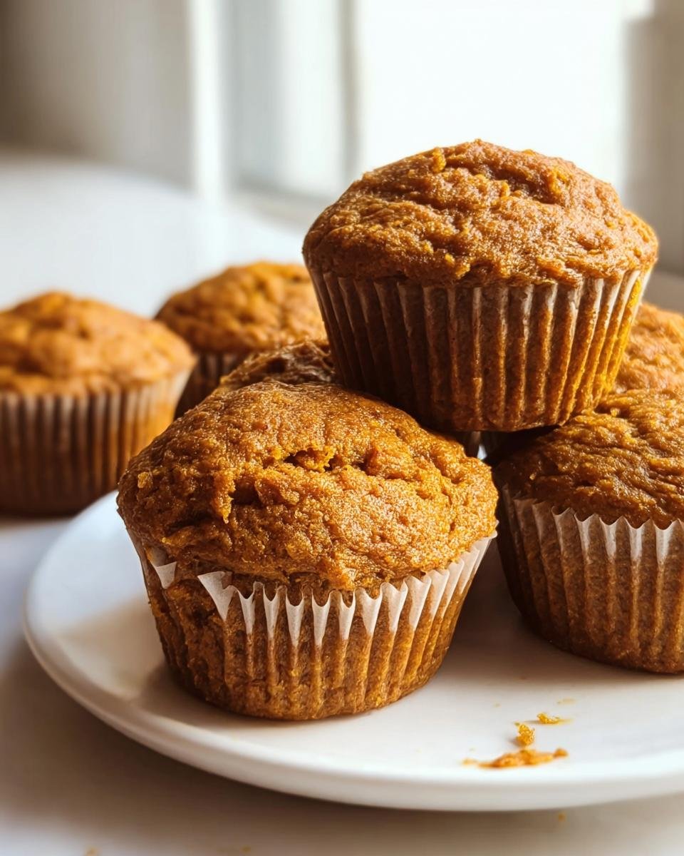 A stack of Healthy Greek Yogurt Pumpkin Muffins on a white plate, showcasing their golden-brown color and paper liners.