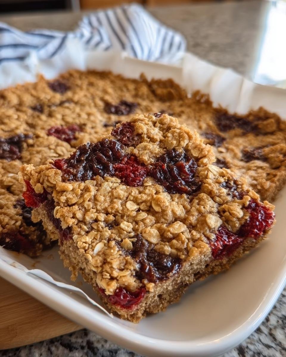 Close-up of Healthy Oatmeal Bars Breakfast with mixed berries on a white plate.