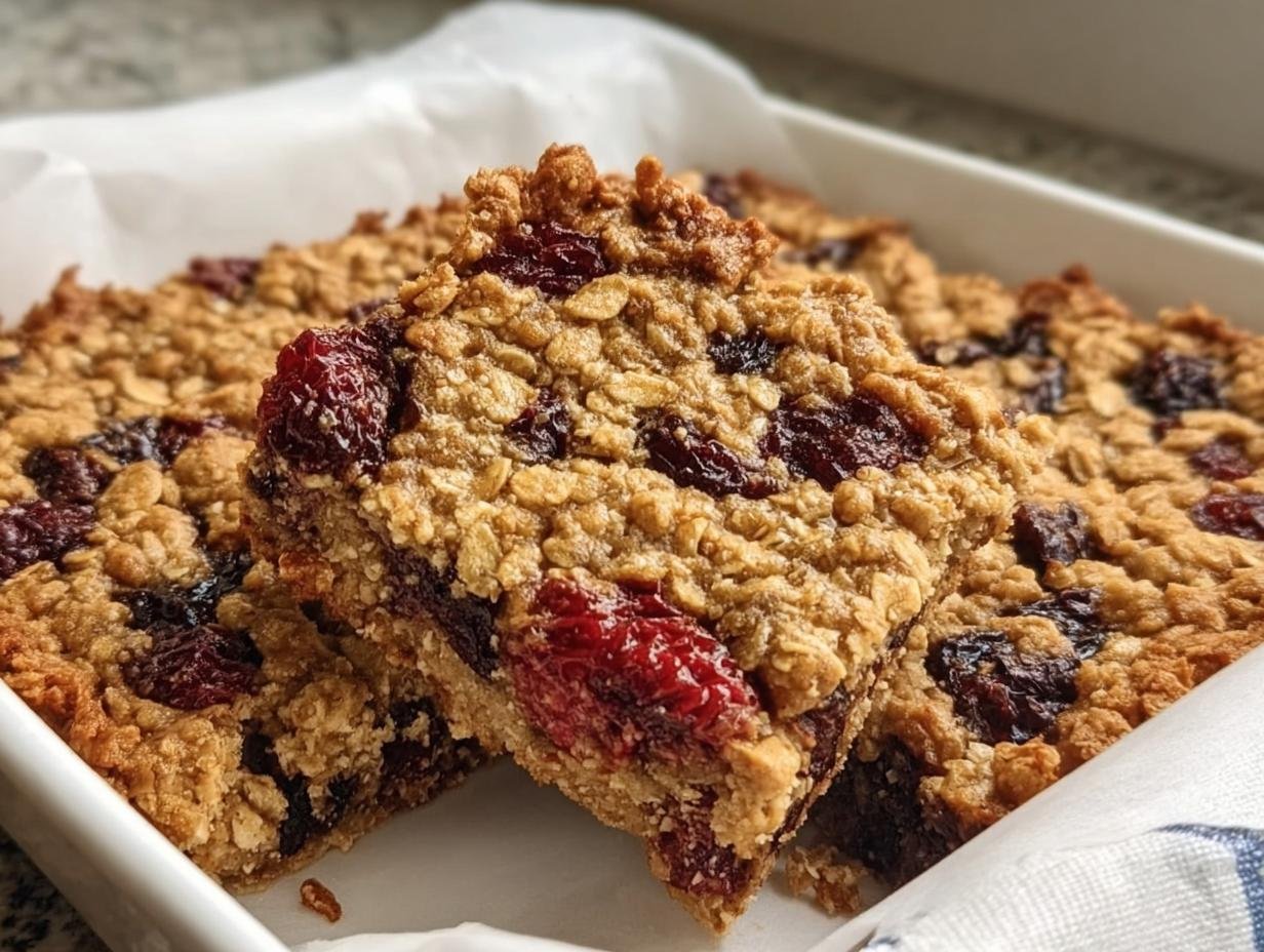 Close-up of Healthy Oatmeal Bars Breakfast with visible oats and berries in a white dish.