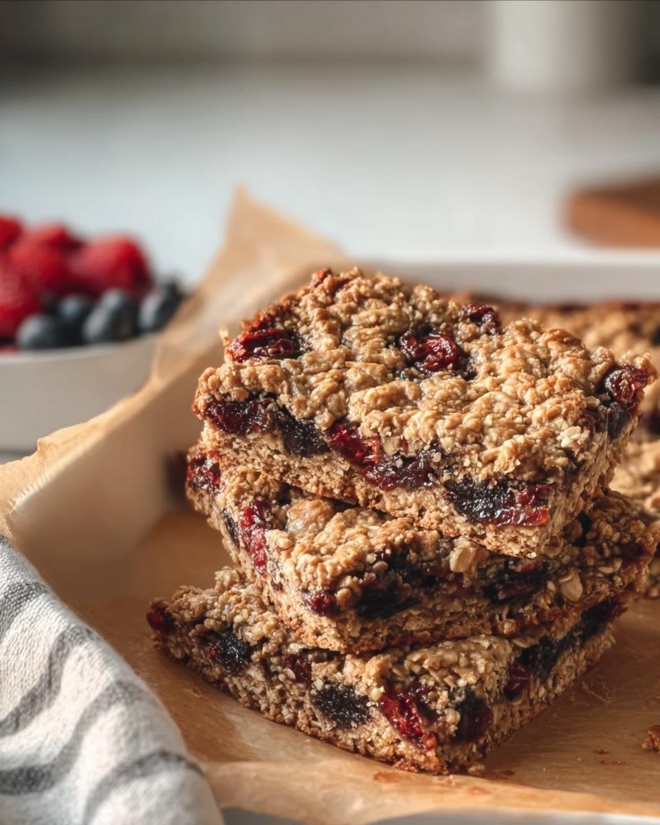A stack of three Healthy Oatmeal Bars Breakfast with a berry filling, next to a bowl of fresh berries.