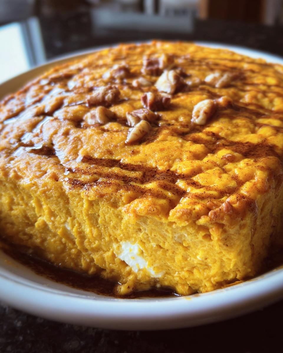 A close-up of a Healthy Pumpkin Cottage Cheese Bake, topped with walnuts and cinnamon.
