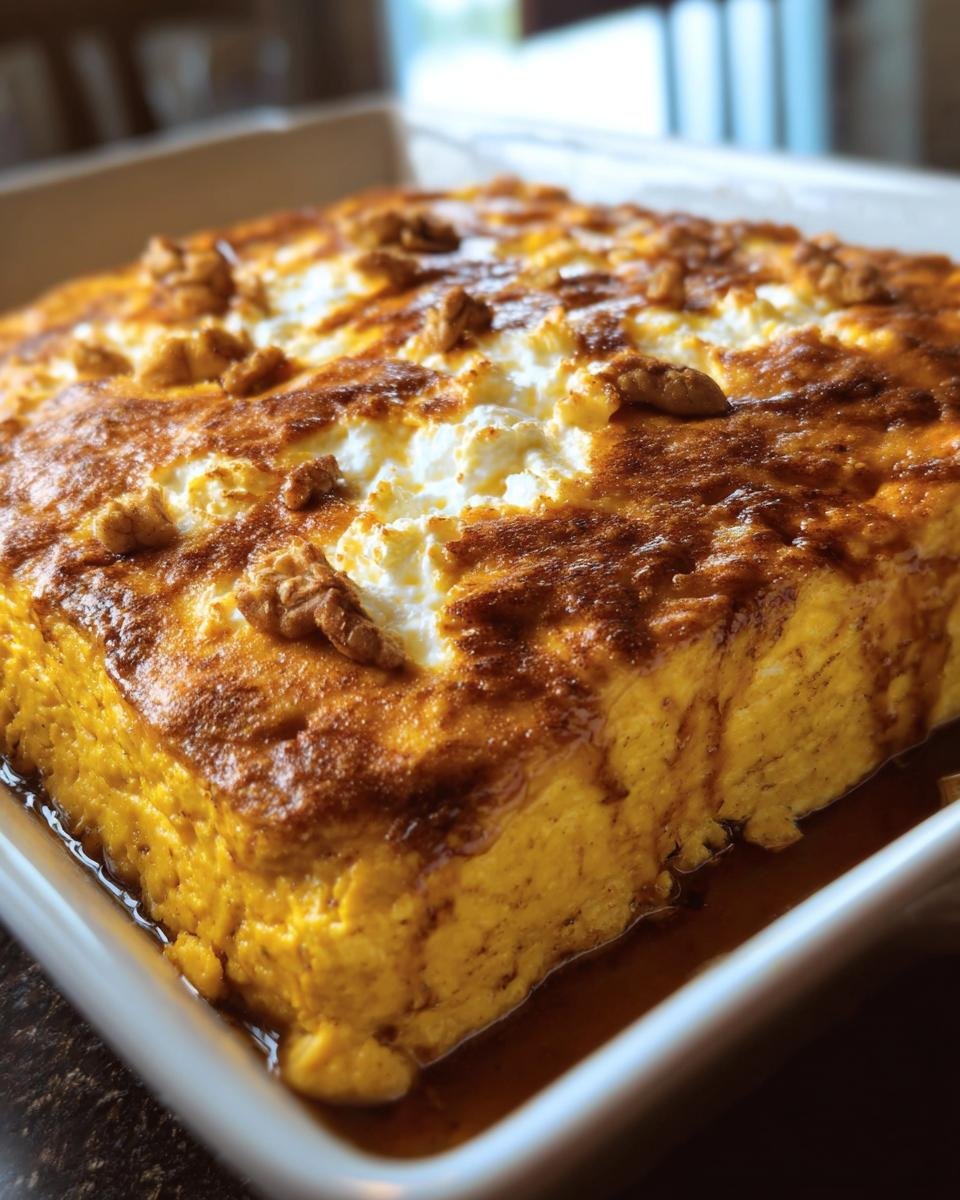 Close-up of Healthy Pumpkin Cottage Cheese Bake in a baking dish, topped with cottage cheese and walnuts.