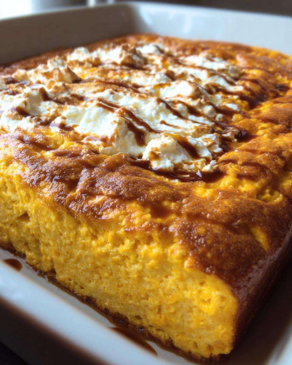 Close-up of Healthy Pumpkin Cottage Cheese Bake in a white baking dish, topped with cottage cheese and drizzled syrup.