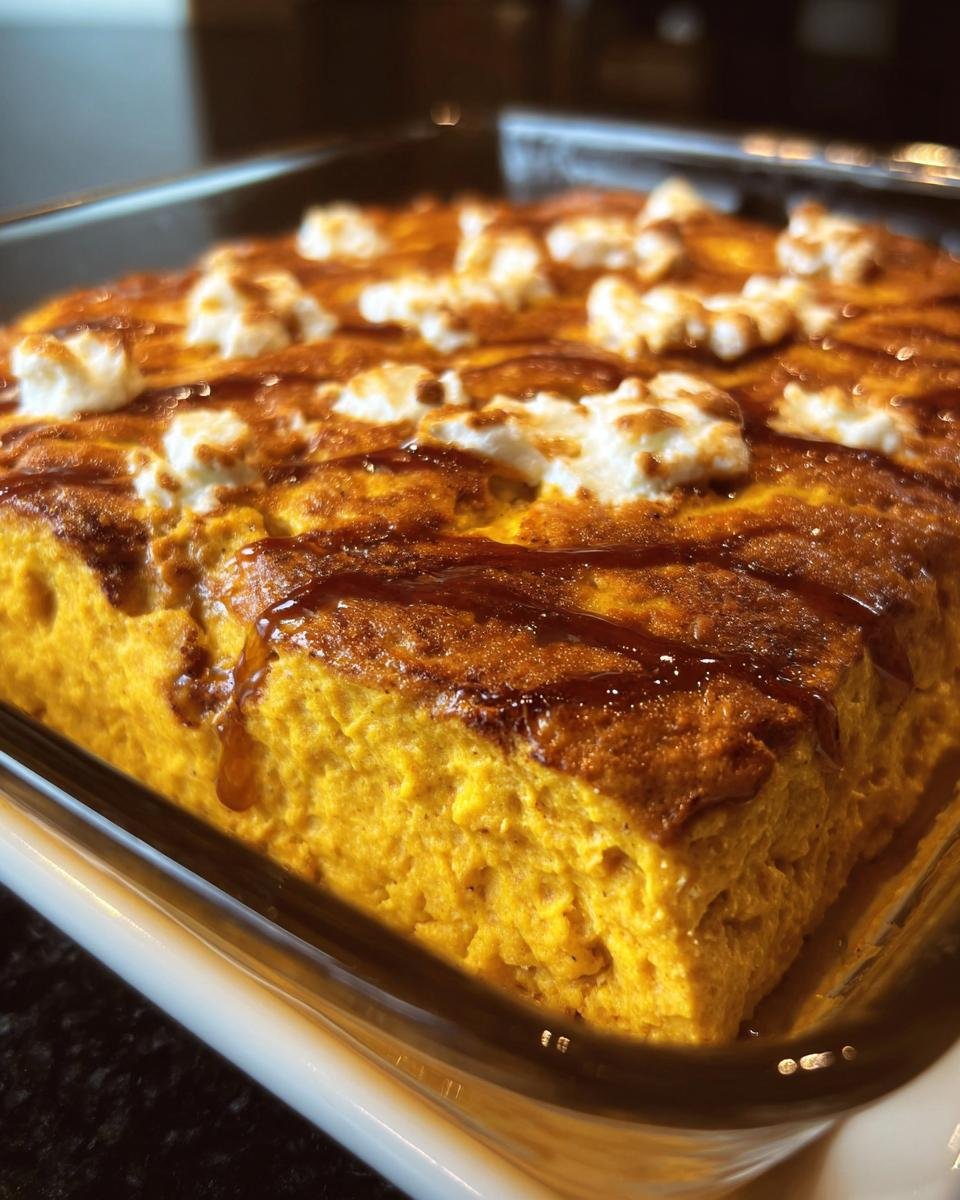 A healthy pumpkin cottage cheese bake in a glass baking pan topped with cottage cheese and a drizzle.