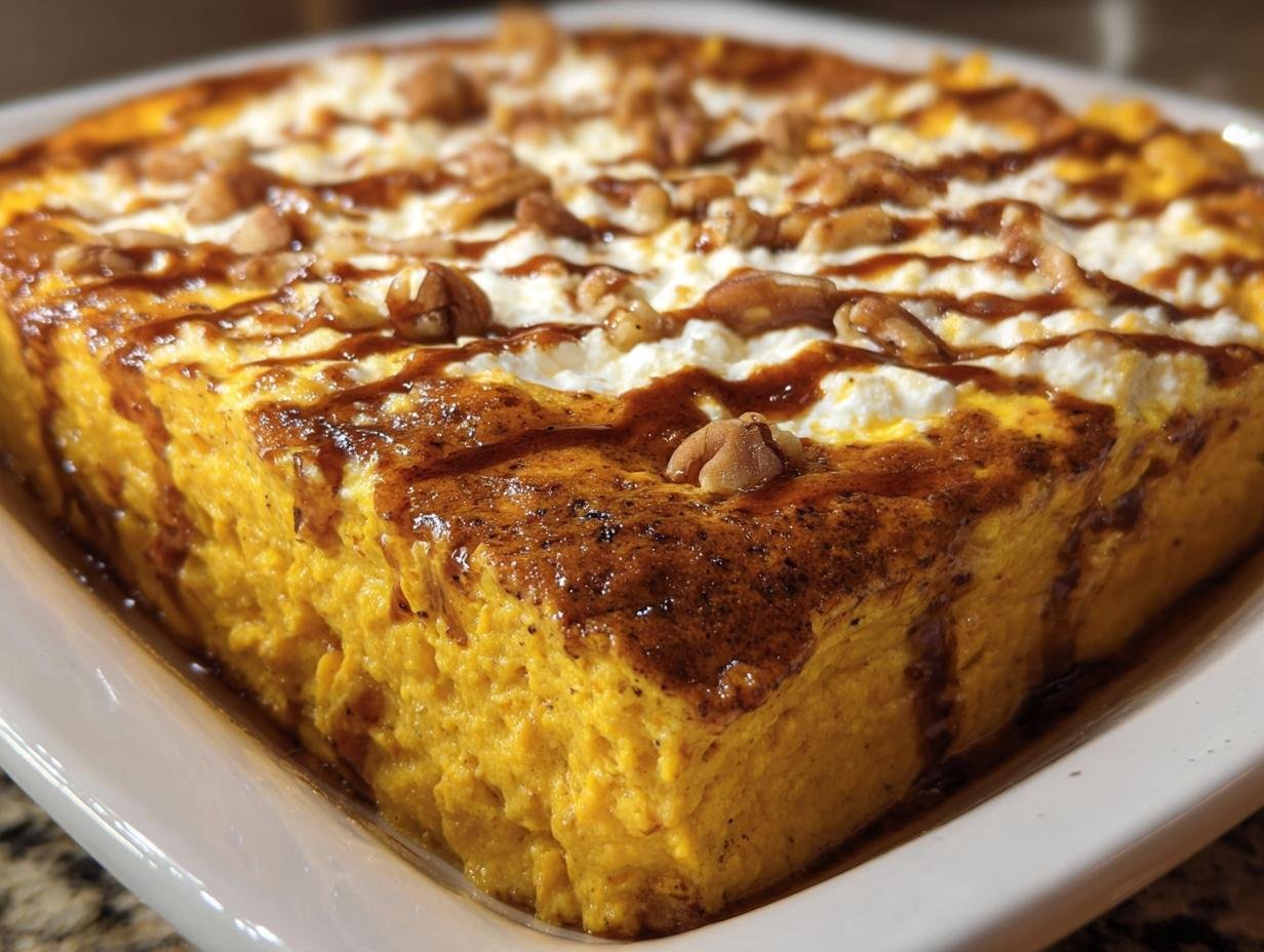 A delicious Healthy Pumpkin Cottage Cheese Bake with cottage cheese topping, caramel drizzle and walnuts.