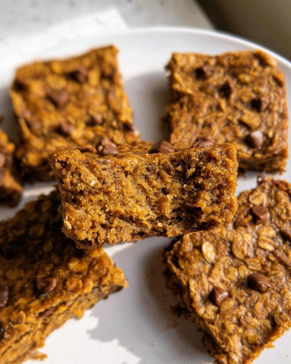 A plate of Healthy Pumpkin Oatmeal Bars topped with chocolate chips, perfect for a fall treat.