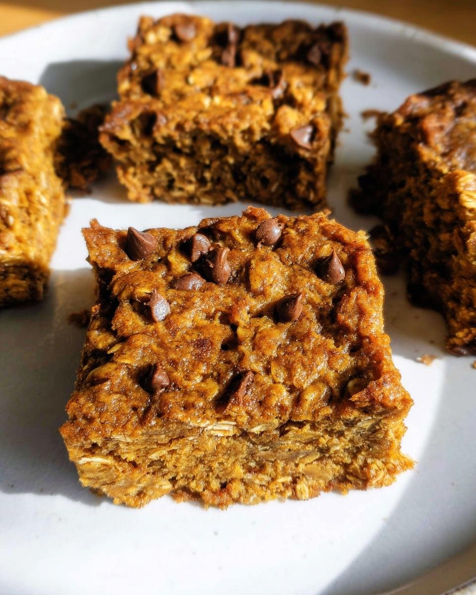 Close-up of Healthy Pumpkin Oatmeal Bars topped with chocolate chips on a white plate.
