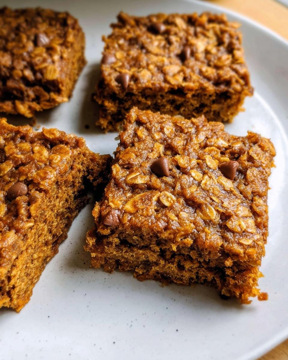 Four healthy pumpkin oatmeal bars with chocolate chips on a white plate, ready to eat.