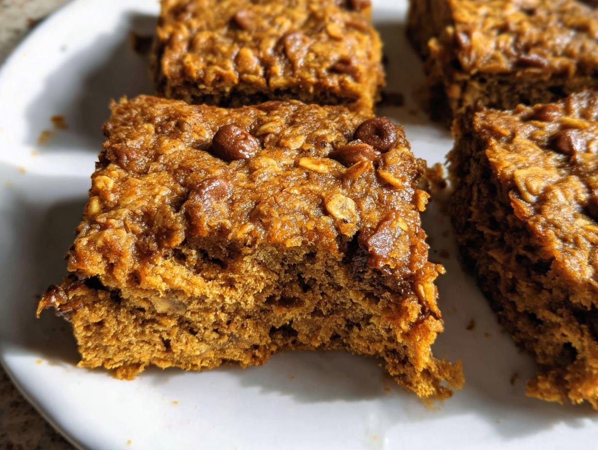 Close-up of Healthy Pumpkin Oatmeal Bars with chocolate chips on a white plate, one with a bite taken out.
