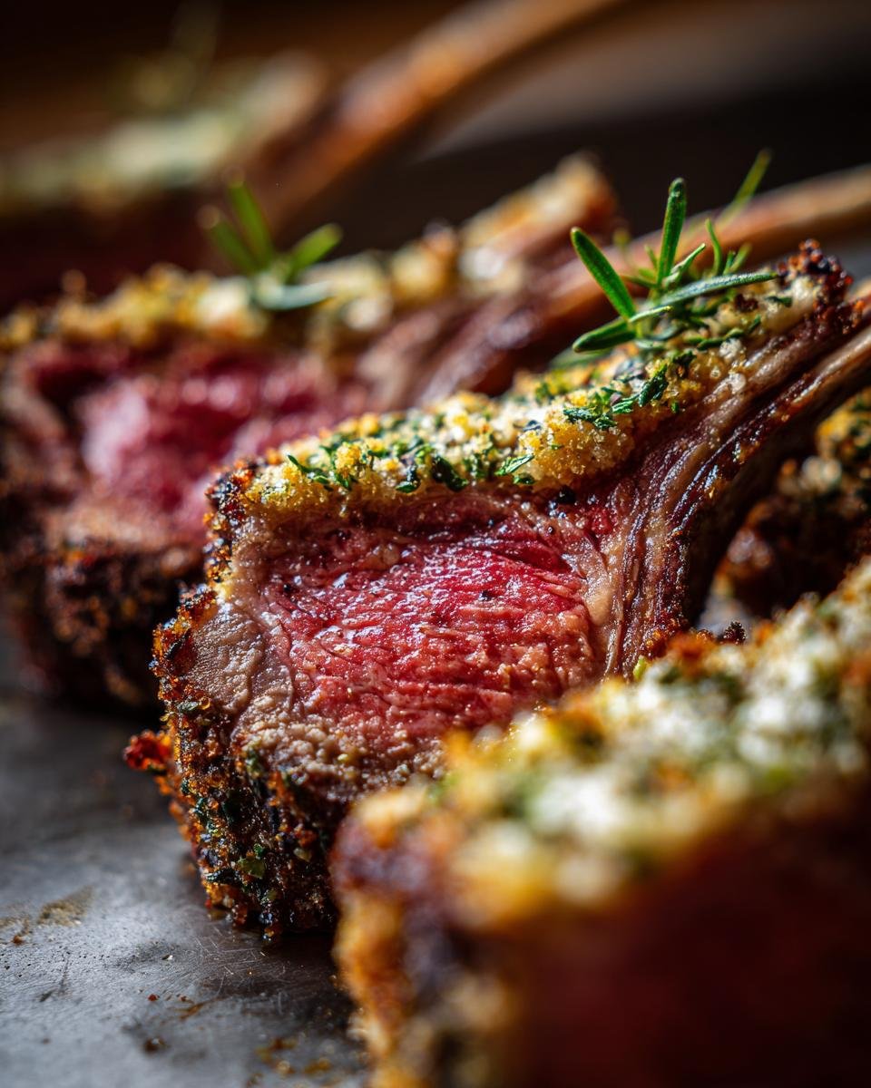 Close-up of perfectly cooked Herb-Crusted Lamb Chops with a golden crust and fresh rosemary garnish.