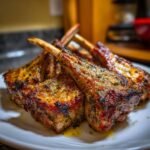 Close-up of perfectly cooked Herb-Crusted Lamb Chops on a white plate, showcasing the crispy herb crust.