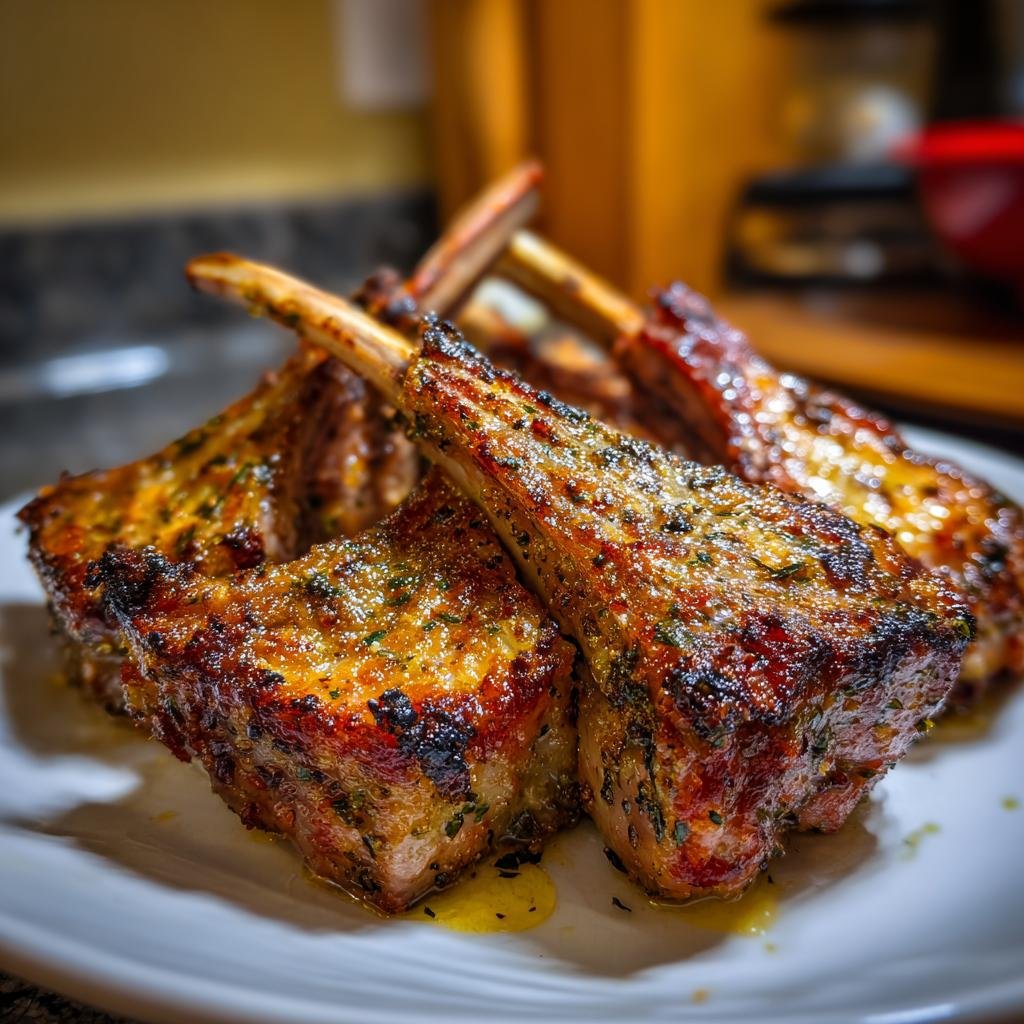 Close-up of perfectly cooked Herb-Crusted Lamb Chops on a white plate, showcasing the crispy herb crust.