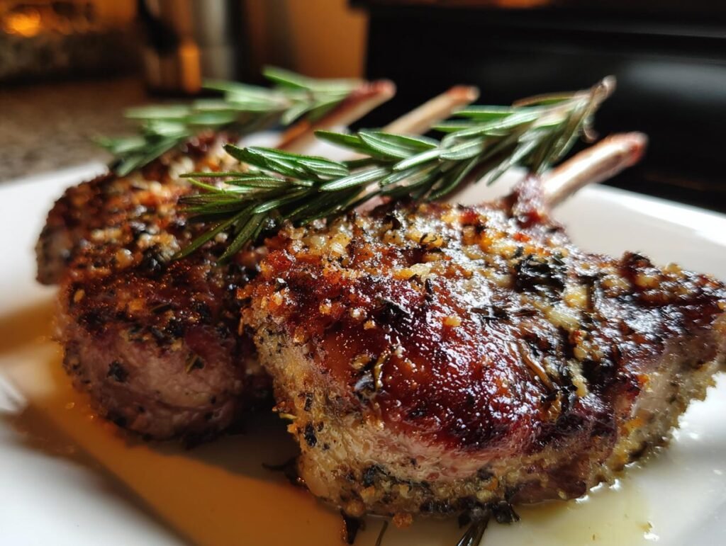 Two Herb-Crusted Lamb Chops on a white plate, garnished with fresh rosemary sprigs.