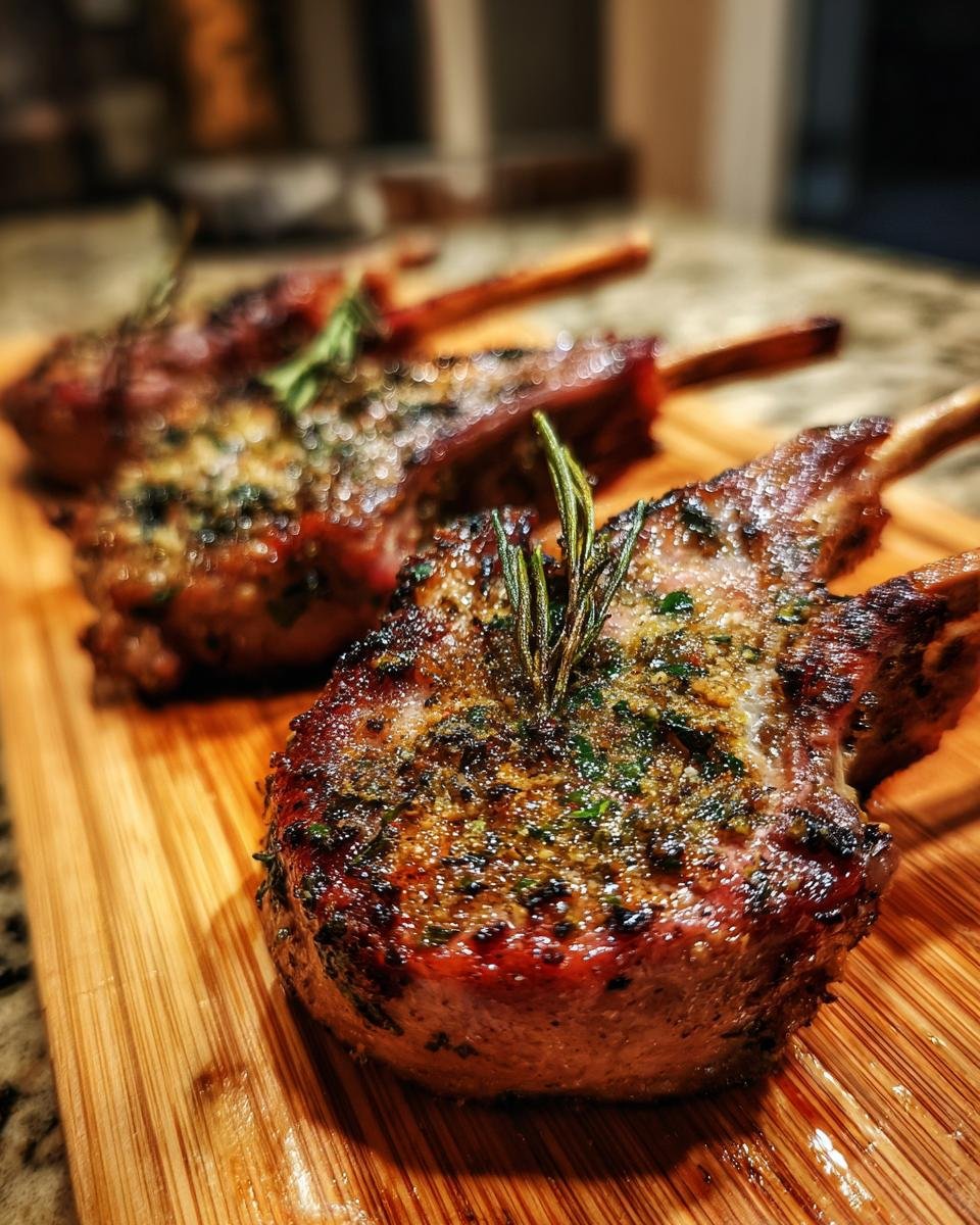 Three herb-crusted lamb chops on a wooden board, garnished with rosemary sprigs. Focus on the Herb-Crusted Lamb Chops.