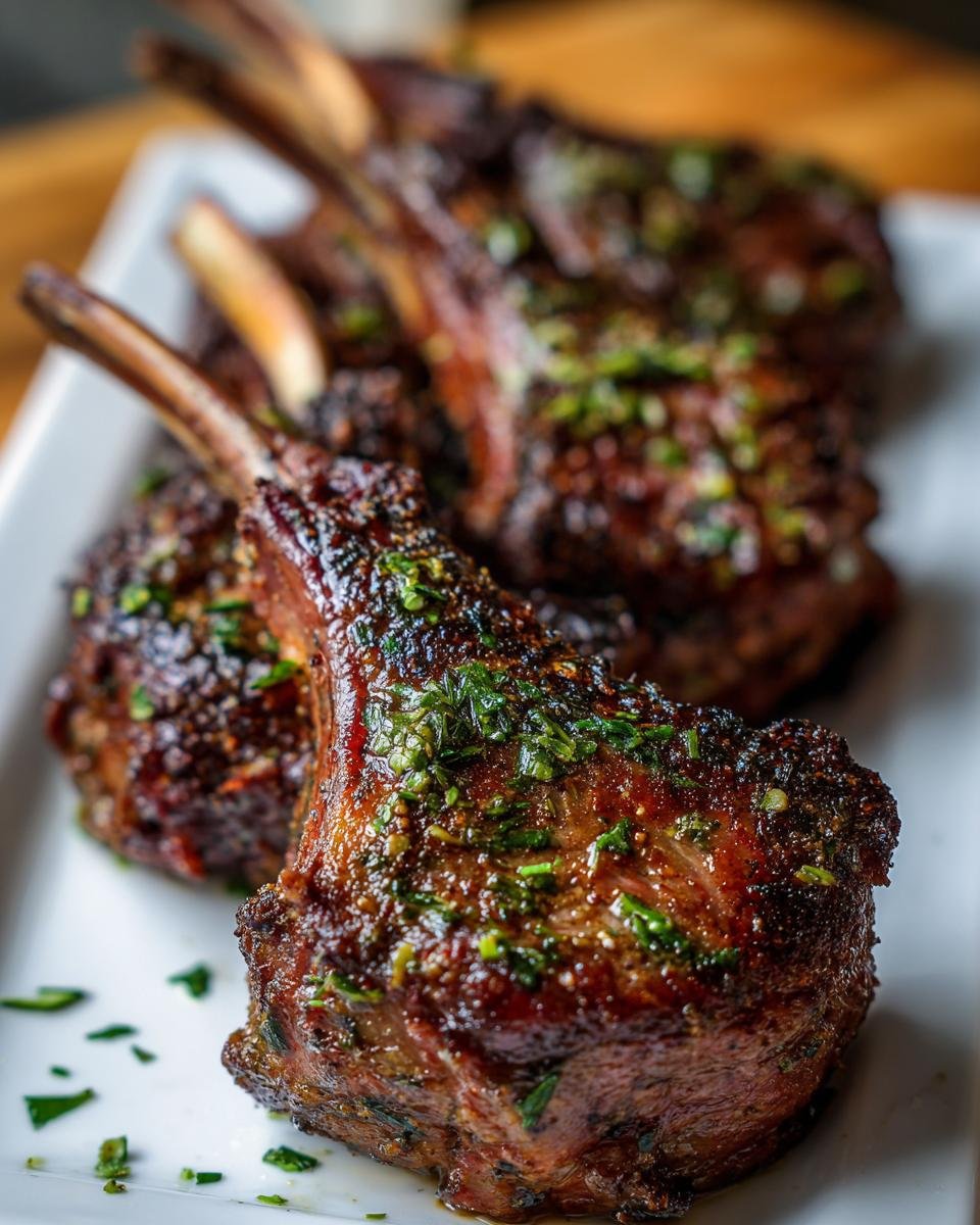 Close-up of perfectly cooked Herb-Crusted Lamb Chops on a white plate, garnished with fresh herbs.