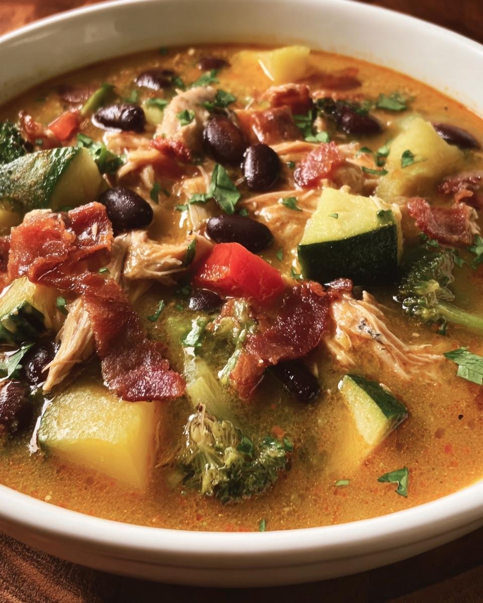 A delicious bowl of high protein low carb soup with chicken, bacon, beans, and vegetables.